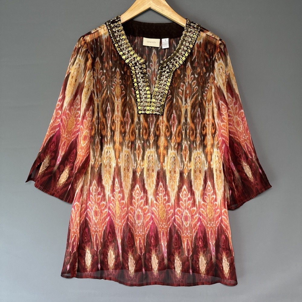 Chico's‎ Top 1 (8) Orange Brown Sheer Western Boho Aztec Embellished Sequin